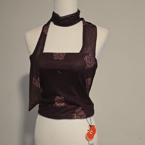Cider Burgundy And Dusty Rose Sleeveless Blouse With Attached Neck Scarf